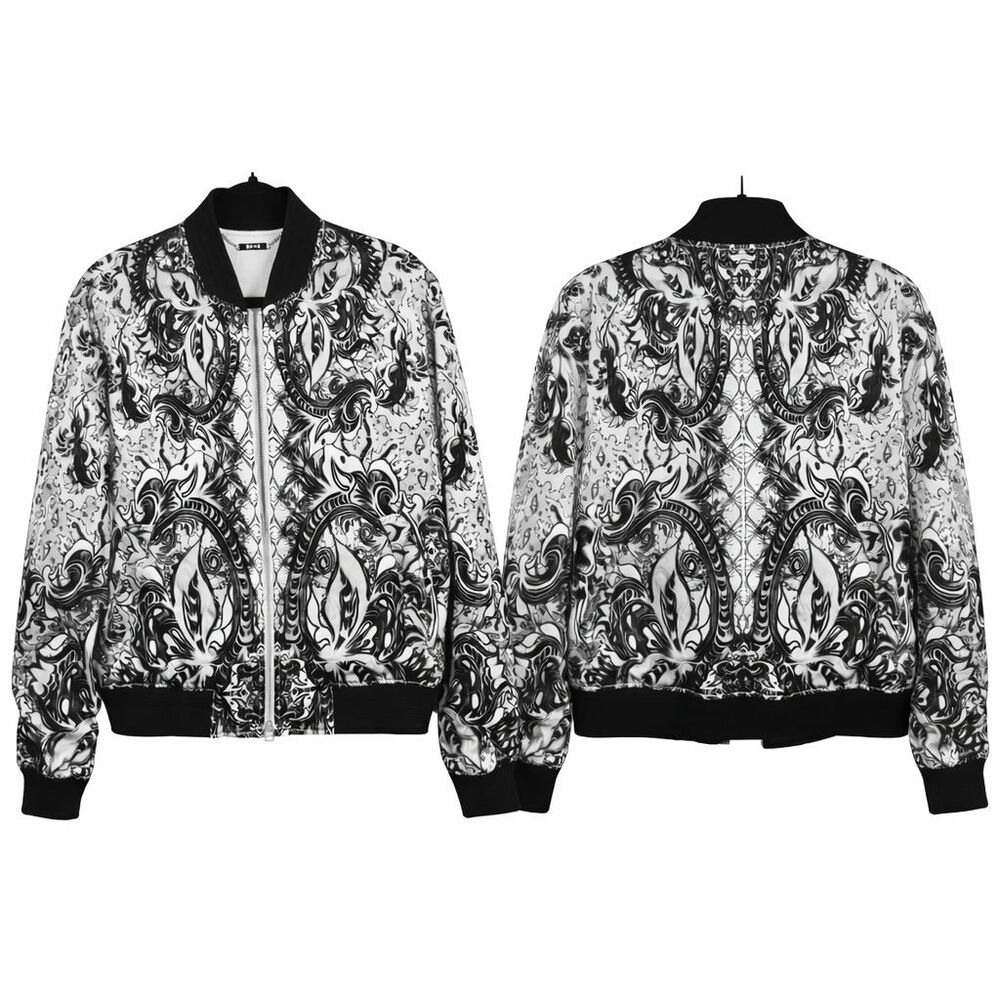 Just Cavalli Baroque Print Bomber Jacket Black White Satin Zip Italy Y2K Size 50